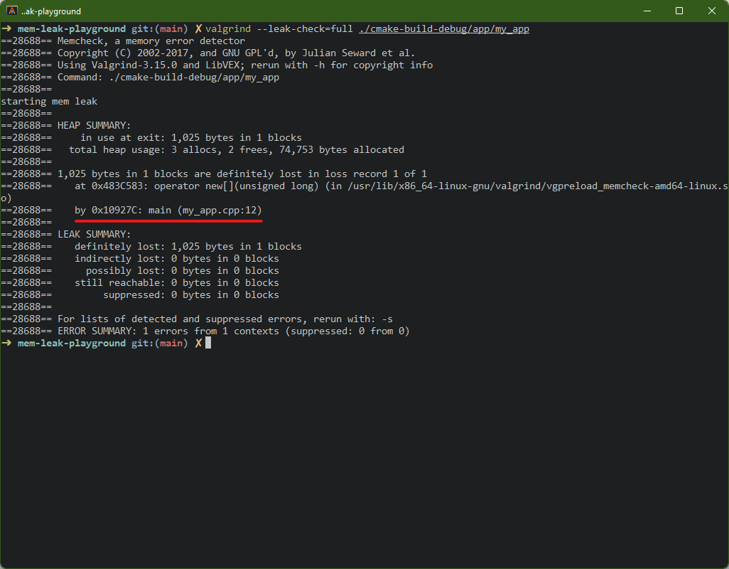 Valgrind displaying culprit and stack trace